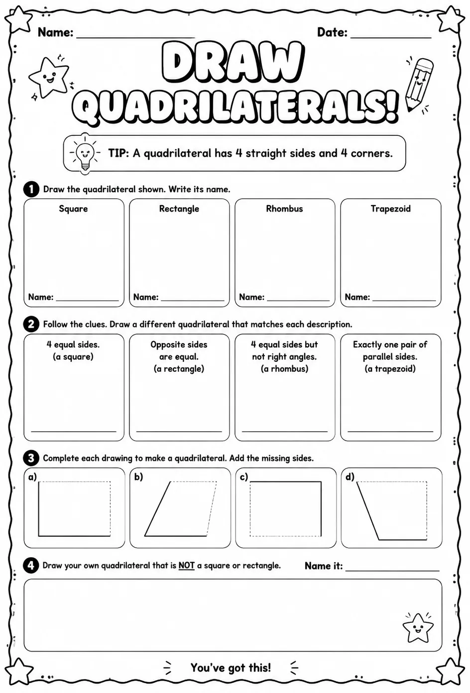Draw quadrilaterals — free printable Grade 4 math worksheet