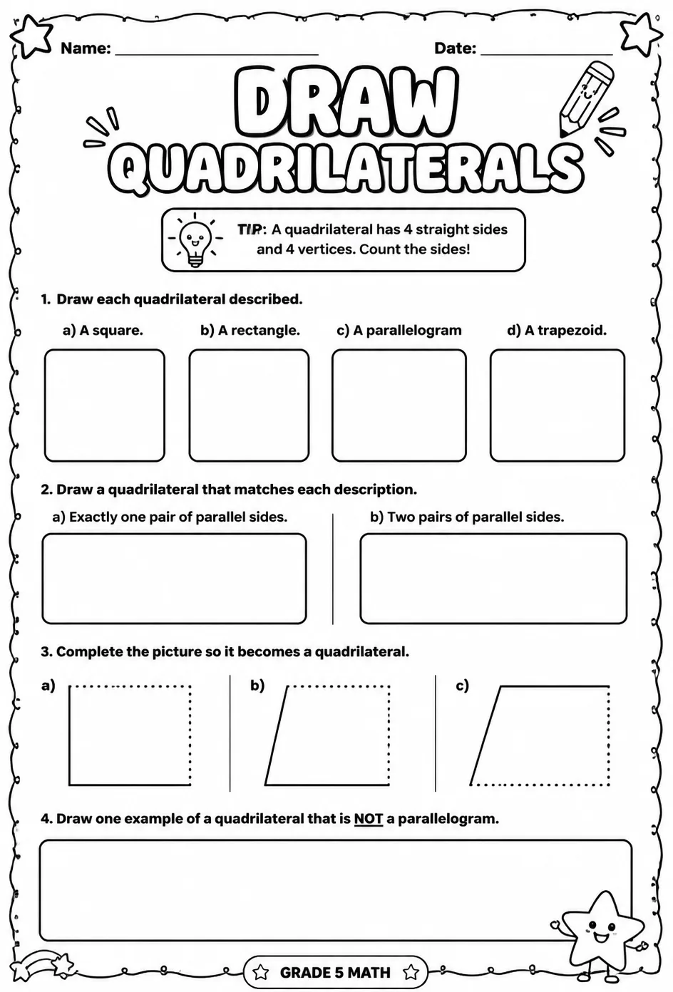 Draw quadrilaterals — free printable Grade 5 math worksheet