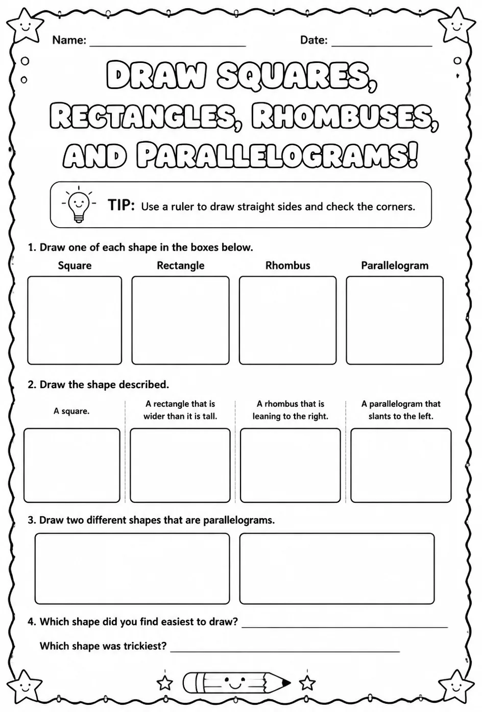 Draw squares, rectangles, rhombuses, and parallelograms — free printable Grade 3 math worksheet