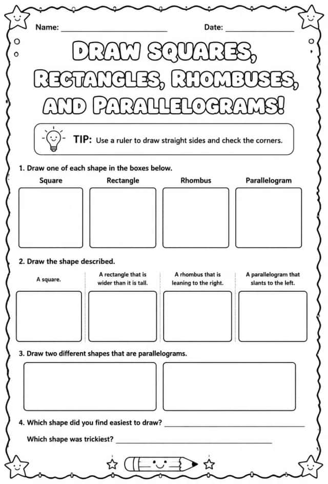 Draw squares, rectangles, rhombuses, and parallelograms