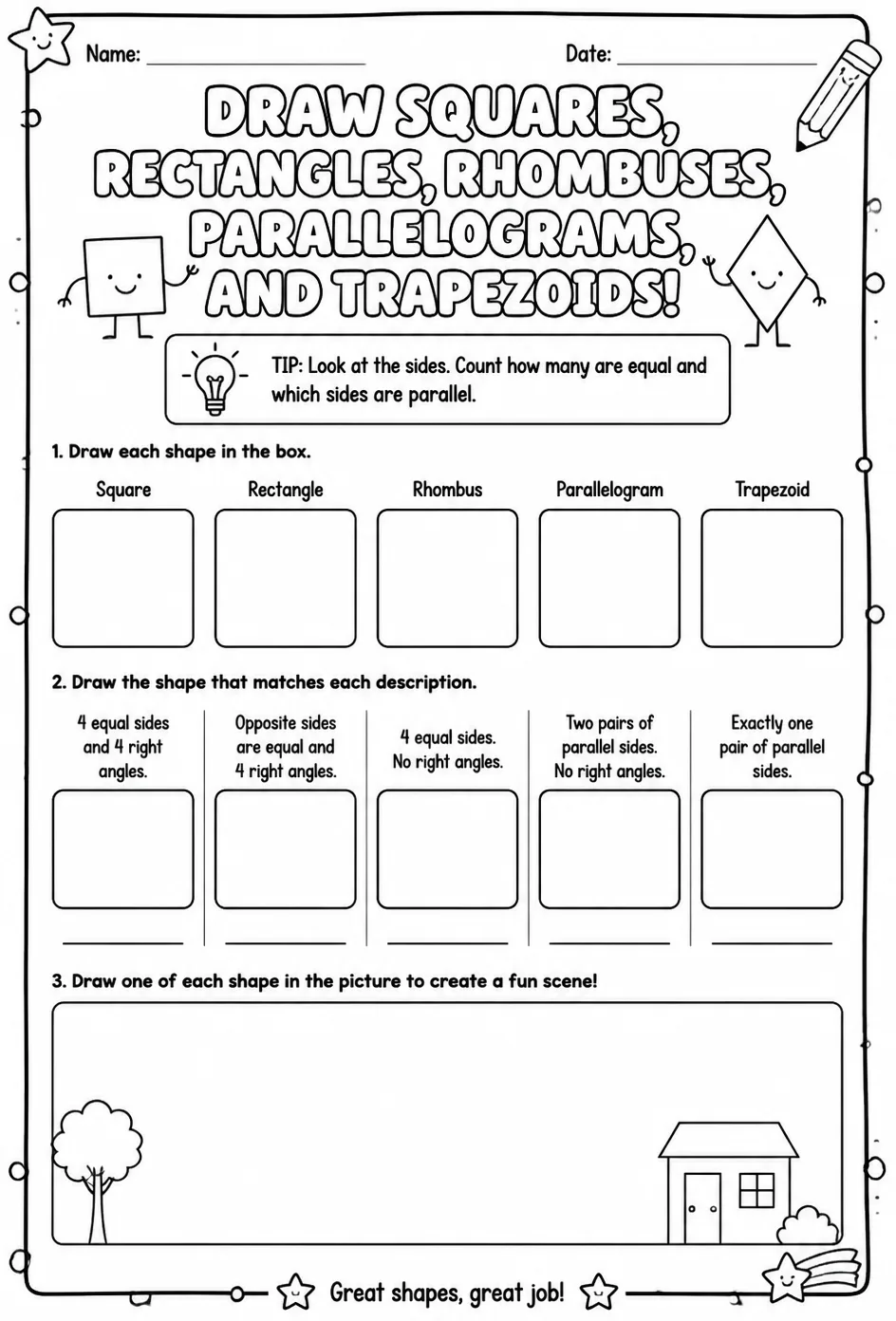 Draw squares, rectangles, rhombuses, parallelograms, and trapezoids — free printable Grade 3 math worksheet