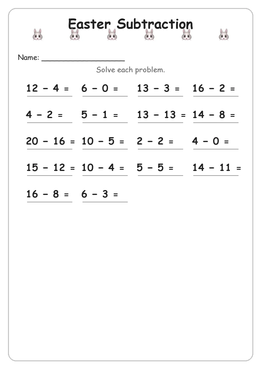 Easter subtraction worksheet for Grade 1