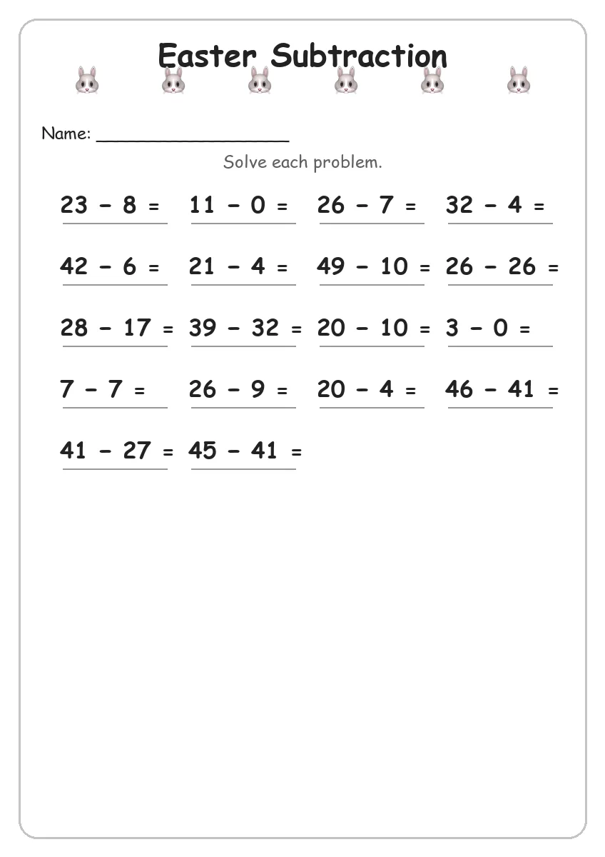 Easter subtraction worksheet for Grade 2