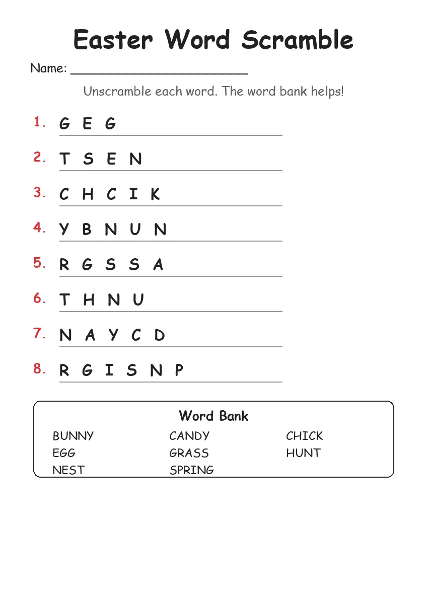 Easter Word Scramble (Grade 1)