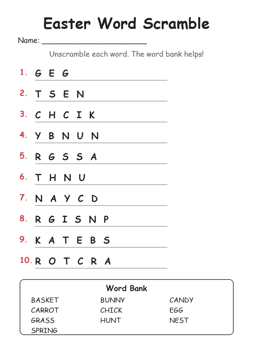 Easter Word Scramble (Grade 3)