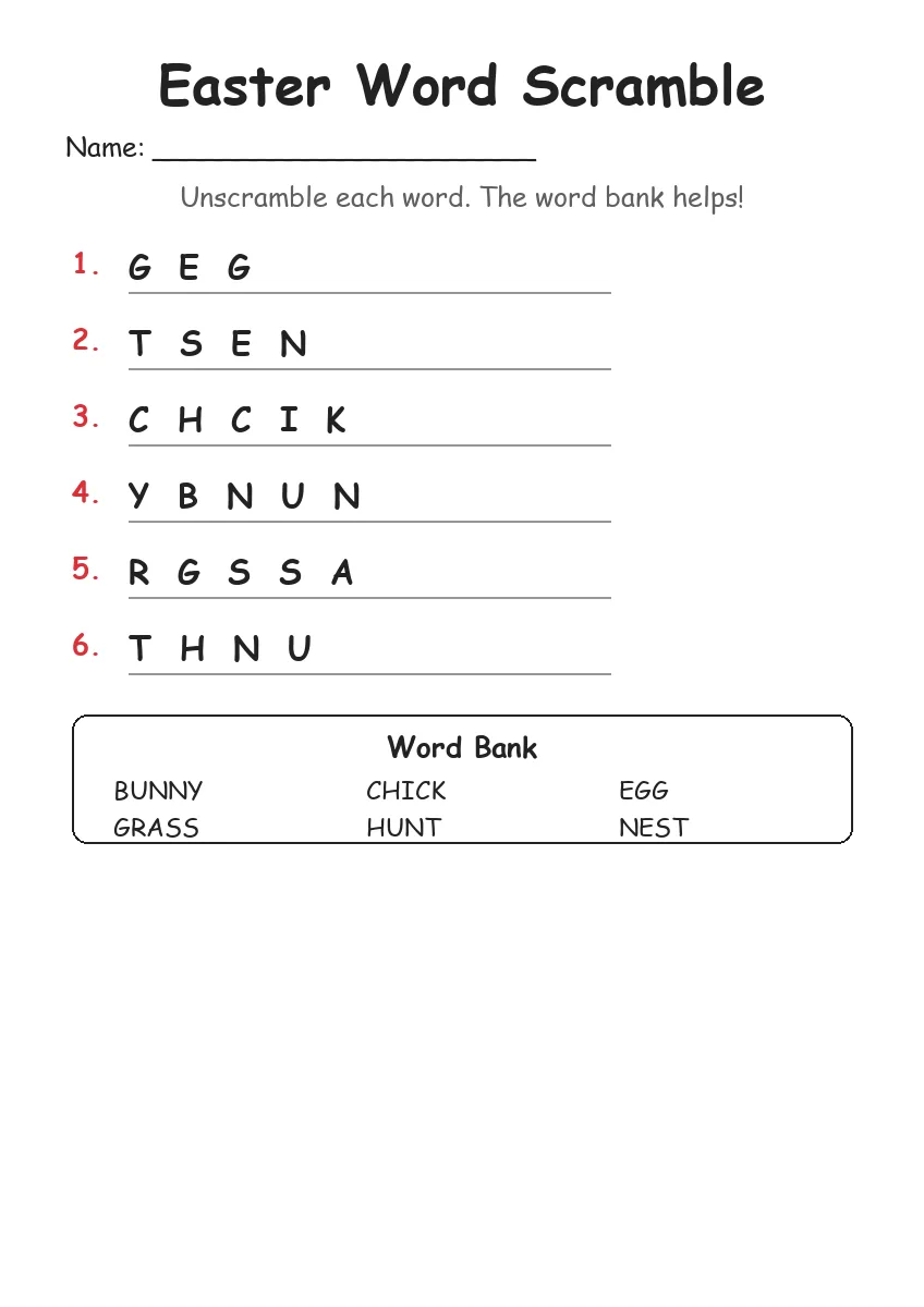 Easter word scramble worksheet for Kindergarten