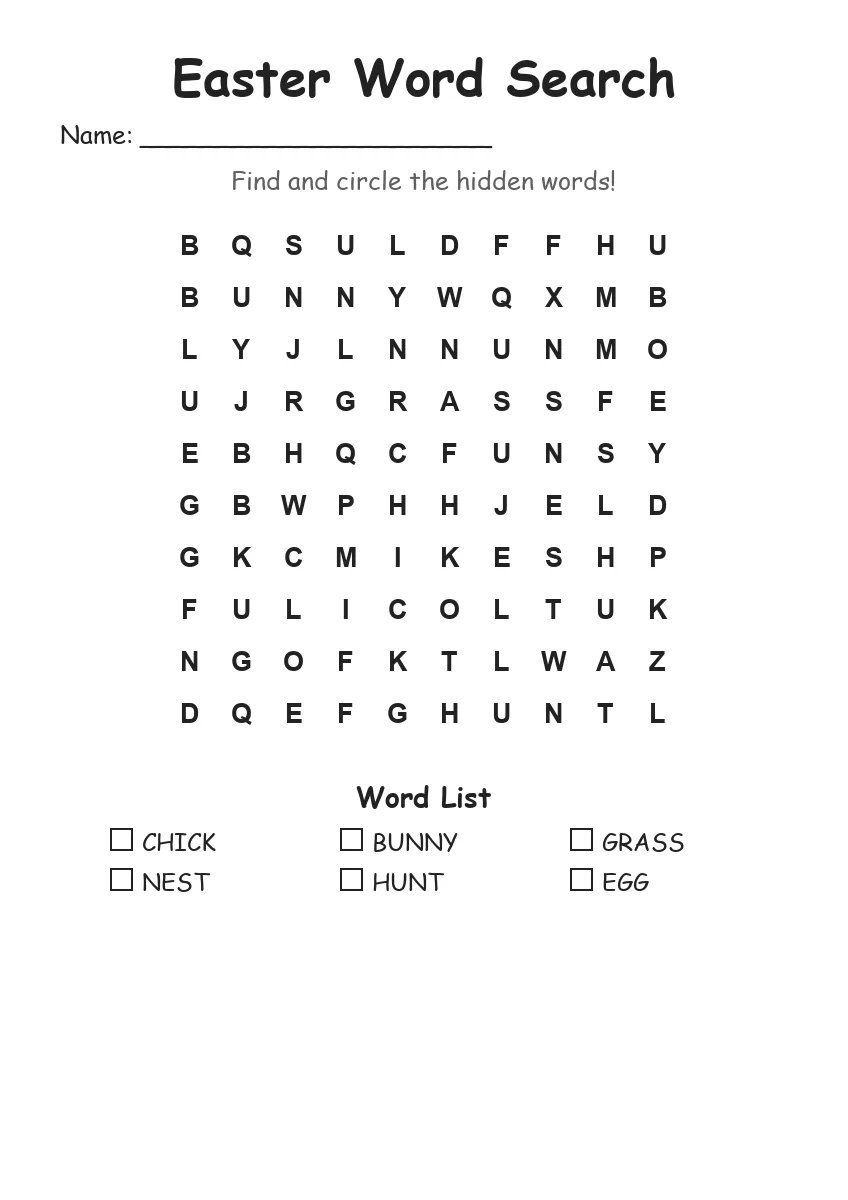 Easter word search worksheet for Kindergarten