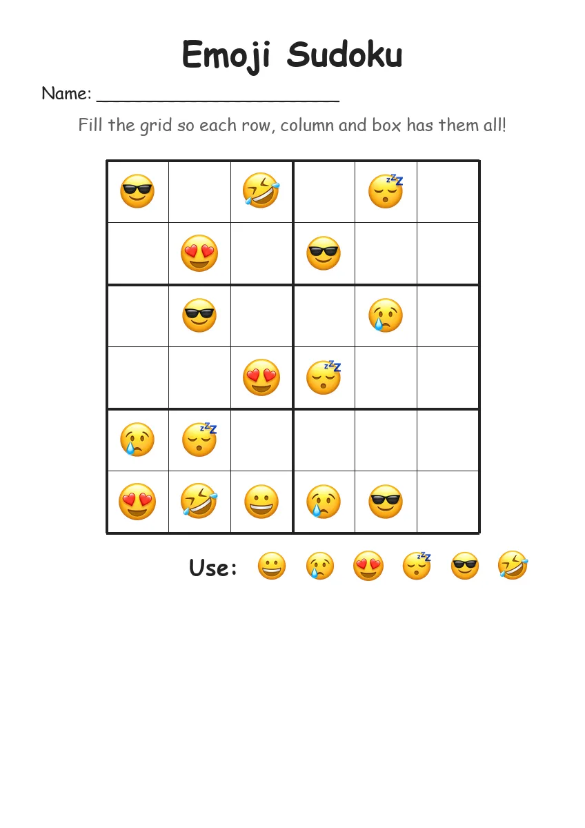 Emoji Sudoku 6x6 (Grade 2) worksheet for Grade 2