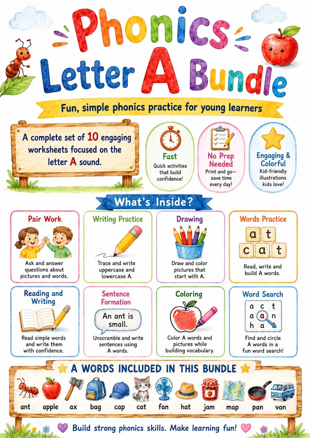 Letter A Phonics Worksheets Pack printable worksheet pack preview from KiwiBee
