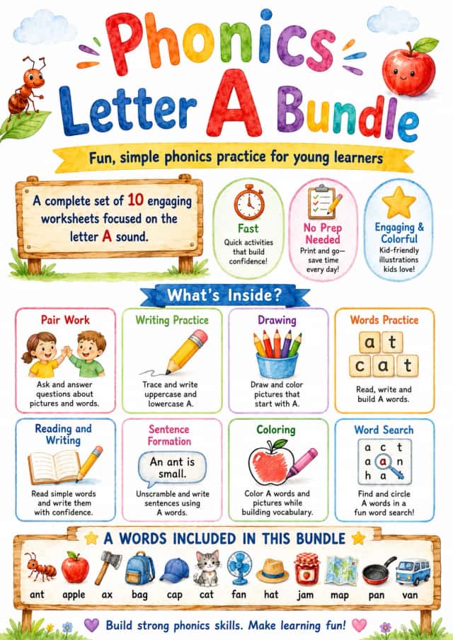 Letter A Phonics Worksheets Pack