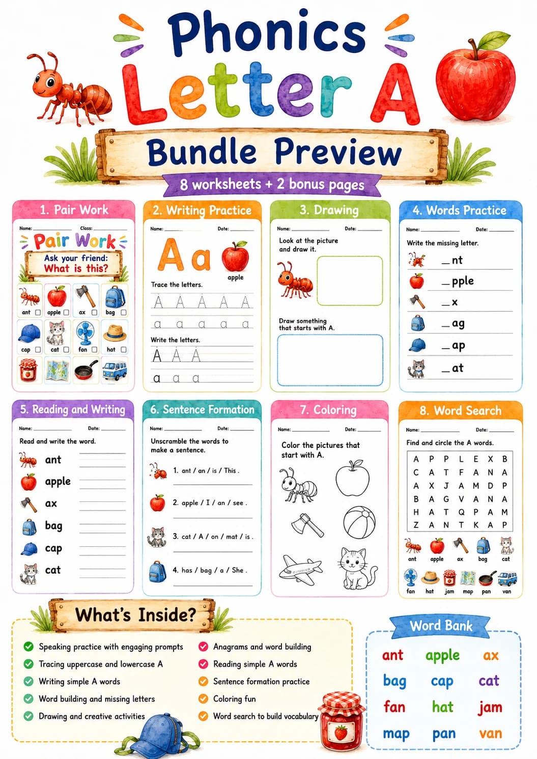 Letter A Phonics Worksheets Pack page 2 printable worksheet preview