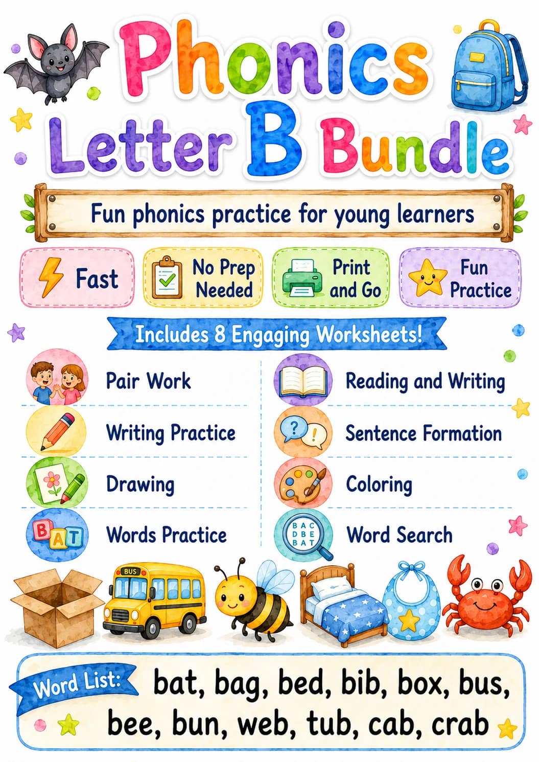Letter B Phonics Worksheets Pack printable worksheet pack preview from KiwiBee