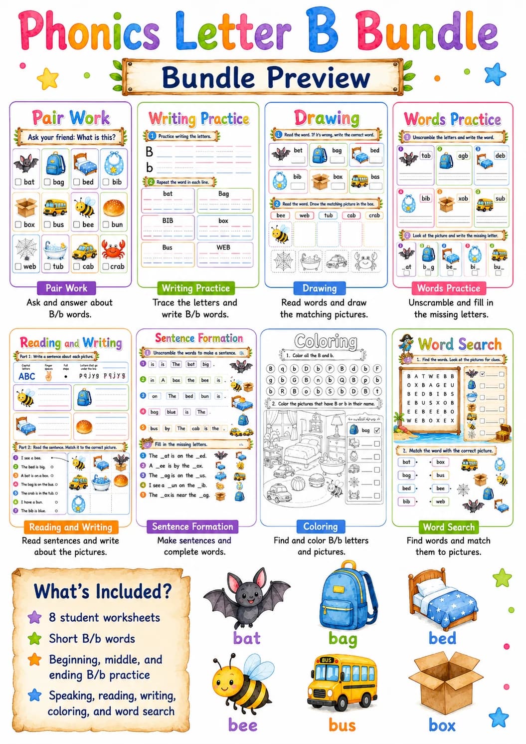 Letter B Phonics Worksheets Pack page 2 printable worksheet preview