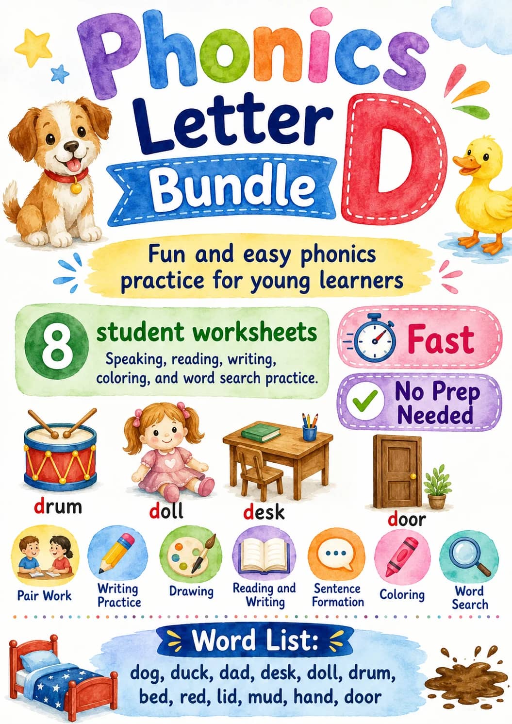 Letter D Phonics Worksheets Pack printable worksheet pack preview from KiwiBee