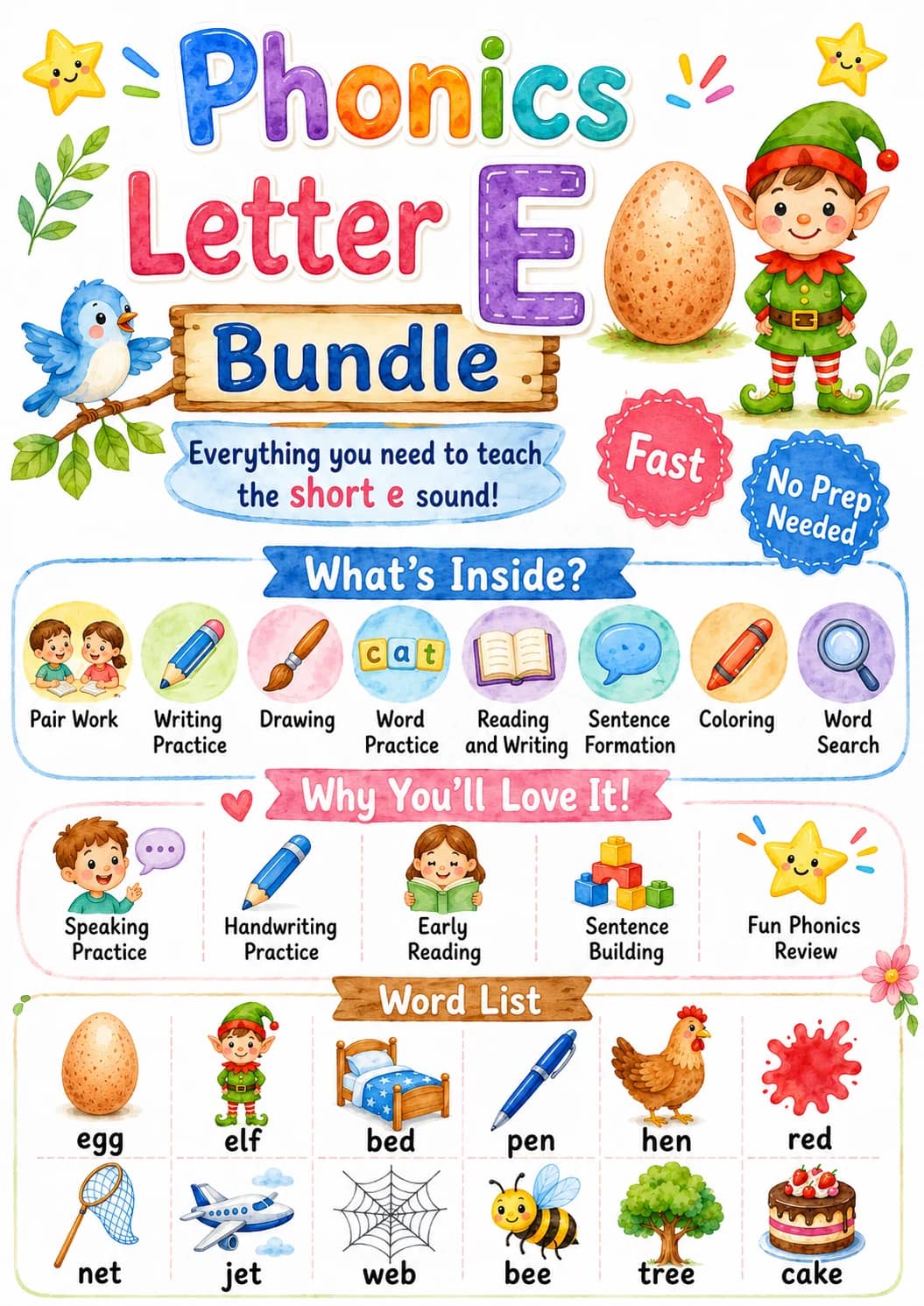 Letter E Phonics Worksheets Pack printable worksheet pack preview from KiwiBee