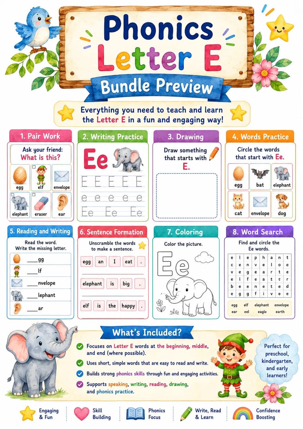 Letter E Phonics Worksheets Pack page 2 printable worksheet preview