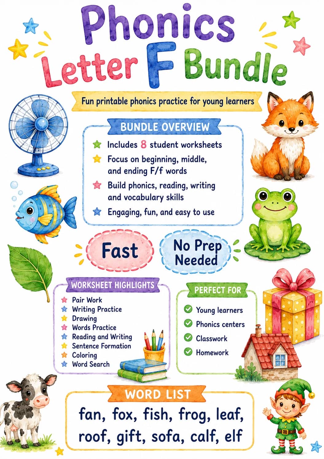 Letter F Phonics Worksheets Pack printable worksheet pack preview from KiwiBee