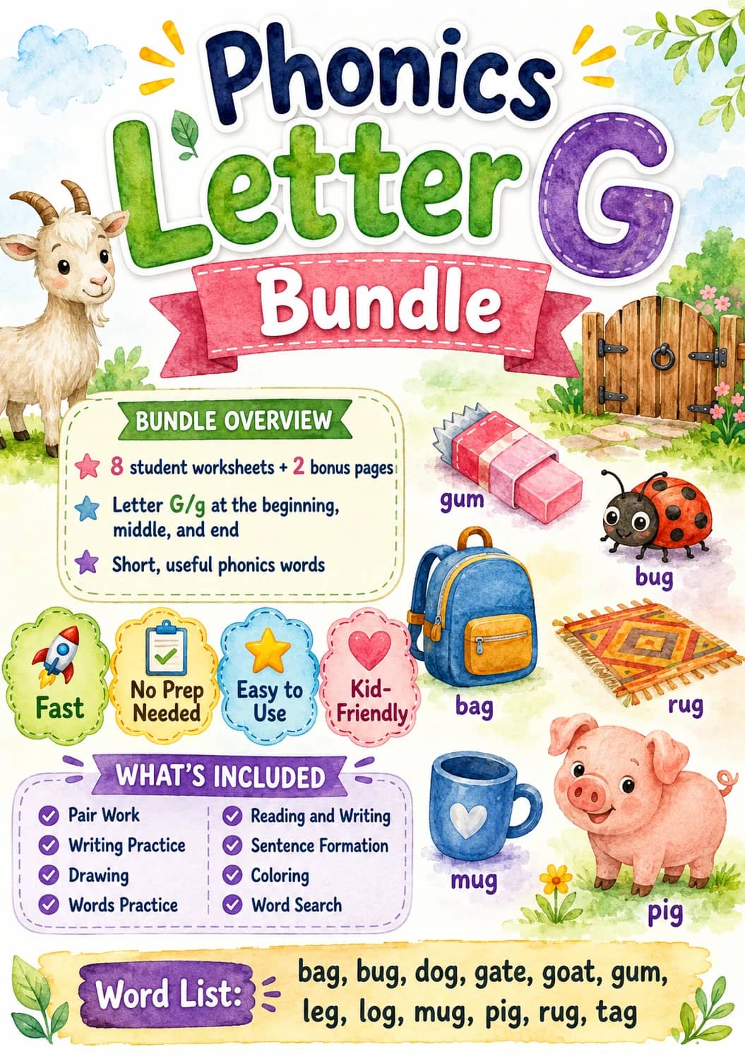 Letter G Phonics Worksheets Pack printable worksheet pack preview from KiwiBee