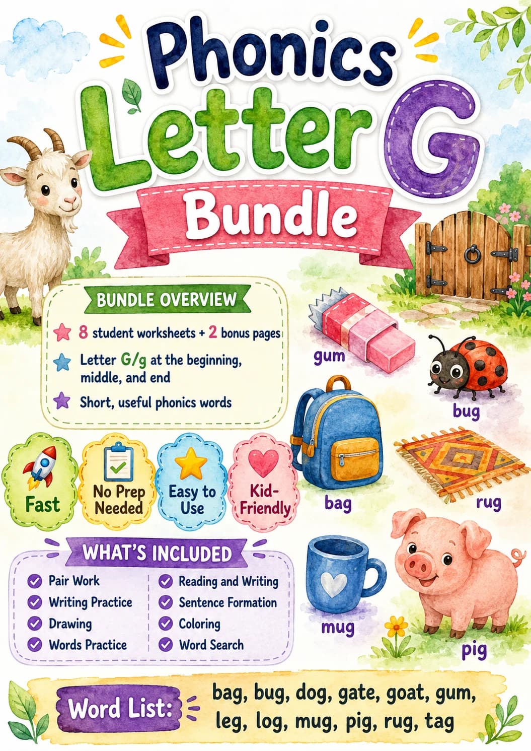 Letter G Phonics Worksheets Pack printable worksheet pack preview from KiwiBee