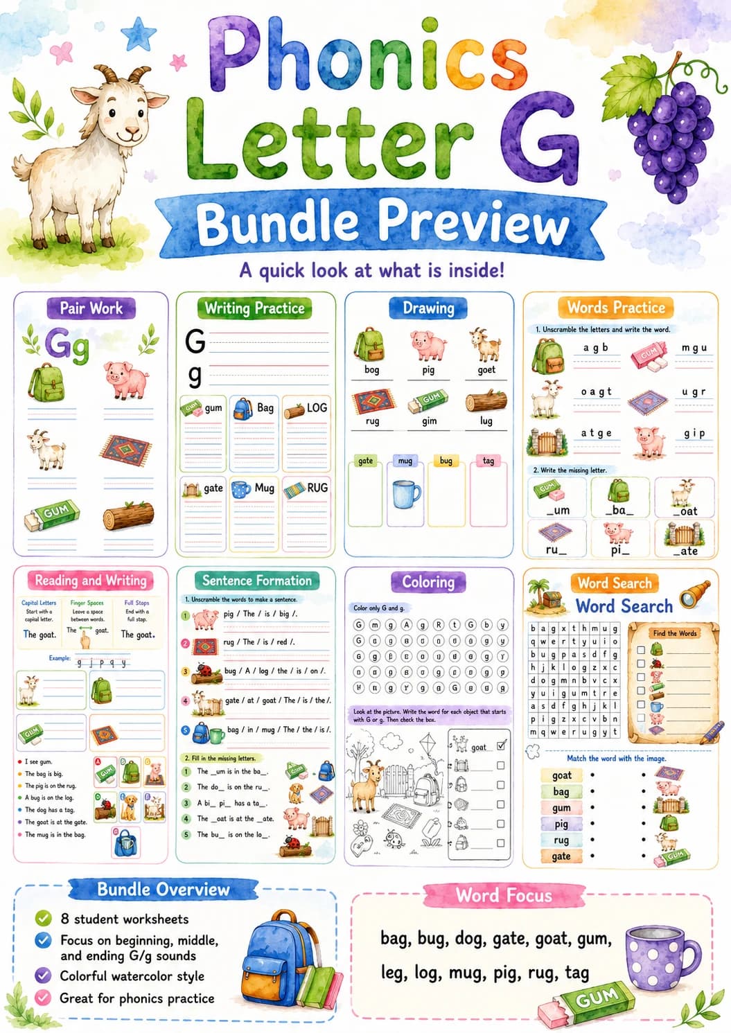 Letter G Phonics Worksheets Pack page 2 printable worksheet preview