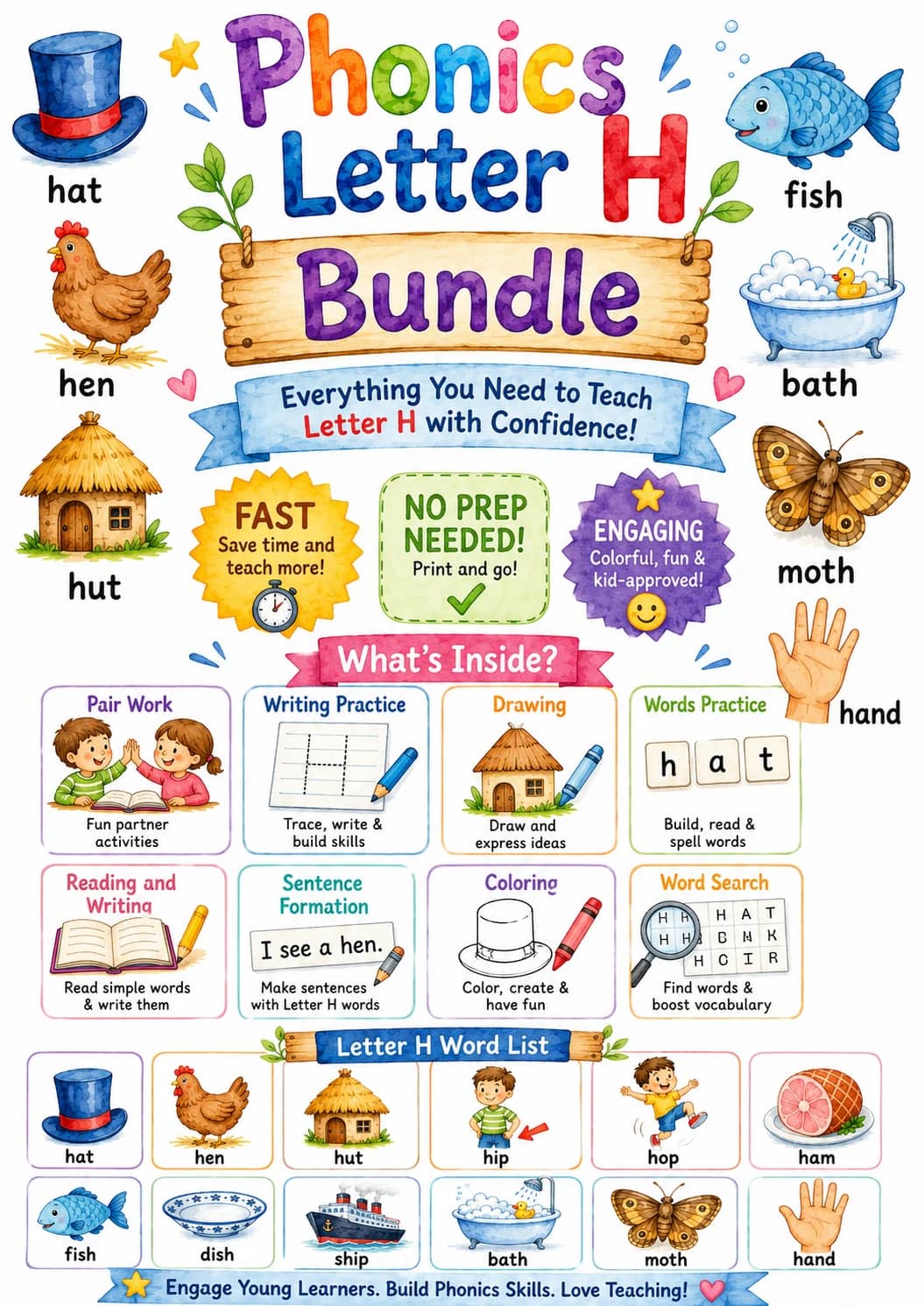 Letter H Phonics Worksheets Pack printable worksheet pack preview from KiwiBee