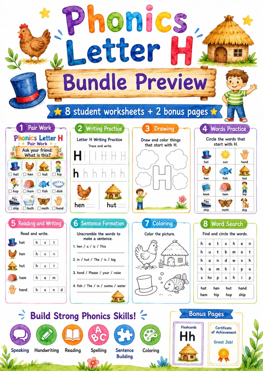 Letter H Phonics Worksheets Pack page 2 printable worksheet preview