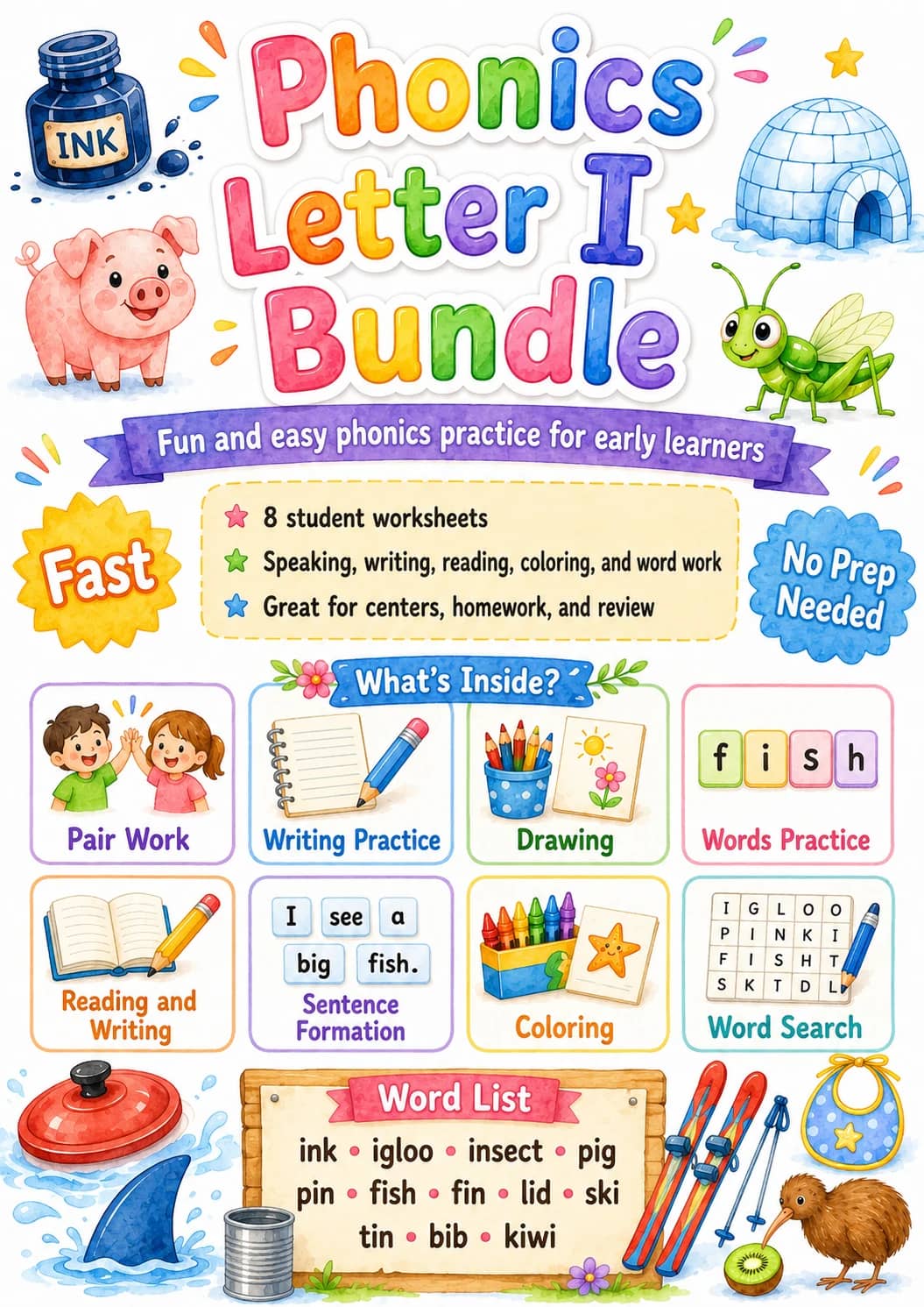 Letter I Phonics Worksheets Pack printable worksheet pack preview from KiwiBee