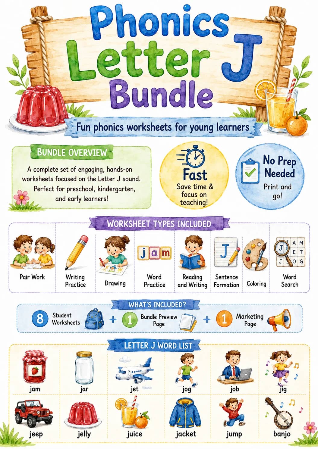 Letter J Phonics Worksheets Pack printable worksheet pack preview from KiwiBee