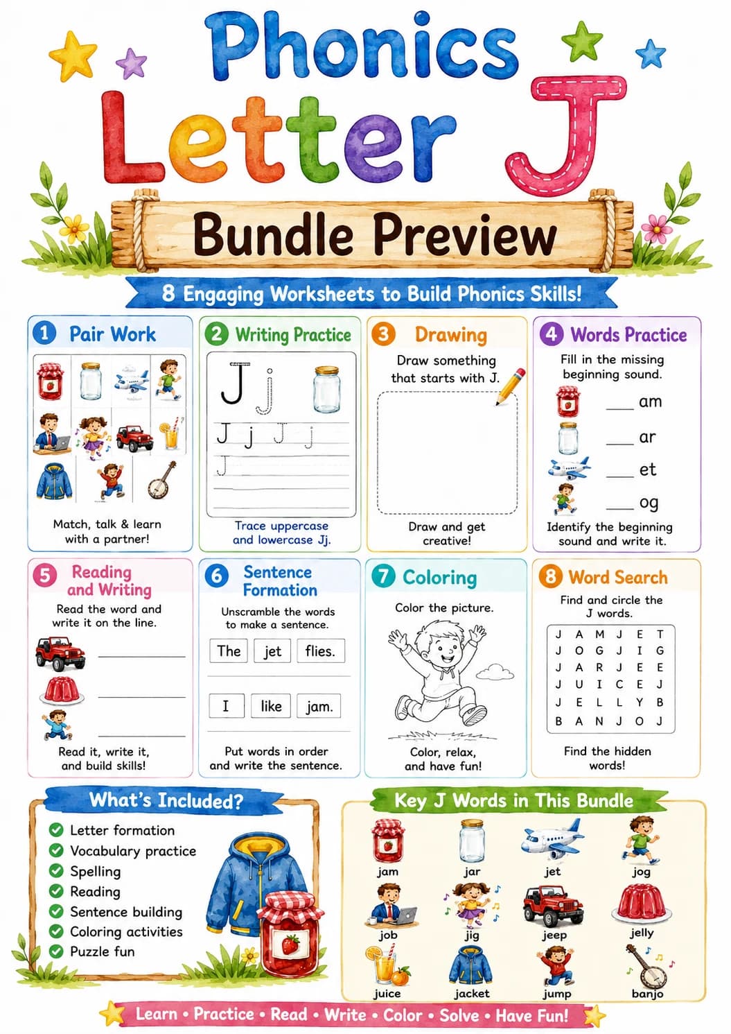 Letter J Phonics Worksheets Pack page 2 printable worksheet preview