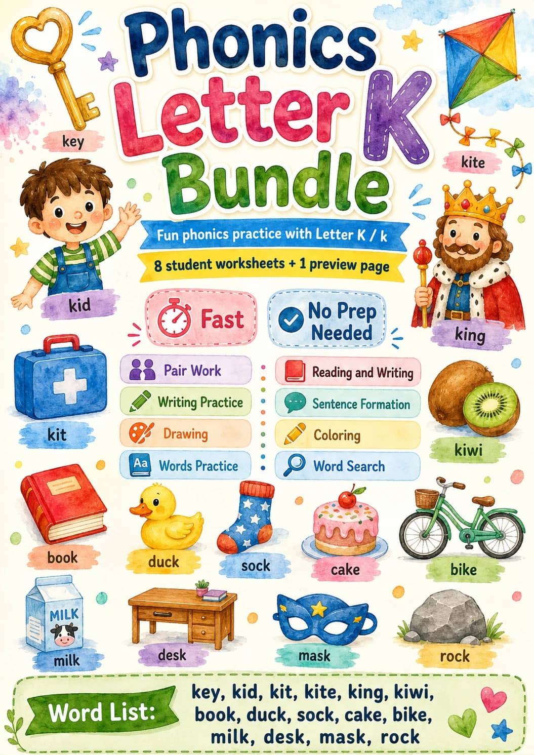 Letter K Phonics Worksheets Pack printable worksheet pack preview from KiwiBee