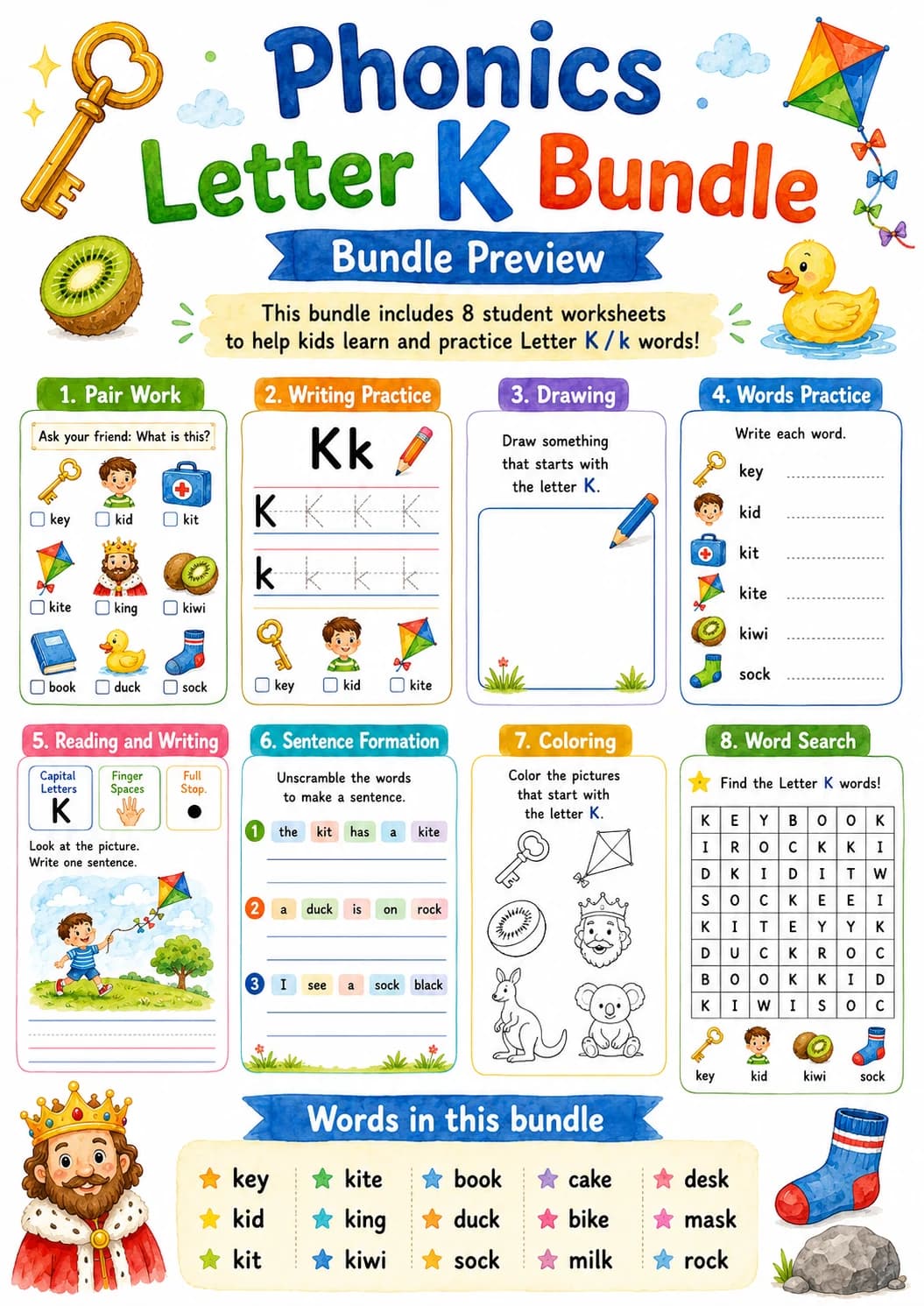 Letter K Phonics Worksheets Pack page 2 printable worksheet preview