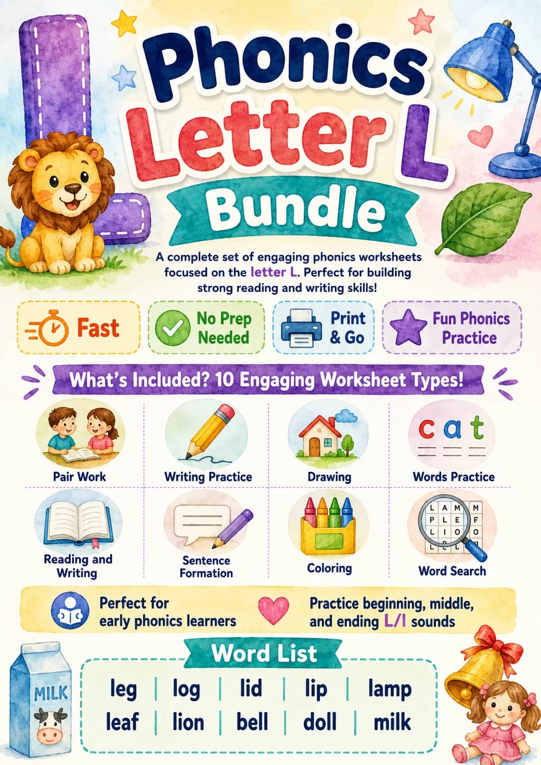 Letter L Phonics Worksheets Pack printable worksheet pack preview from KiwiBee