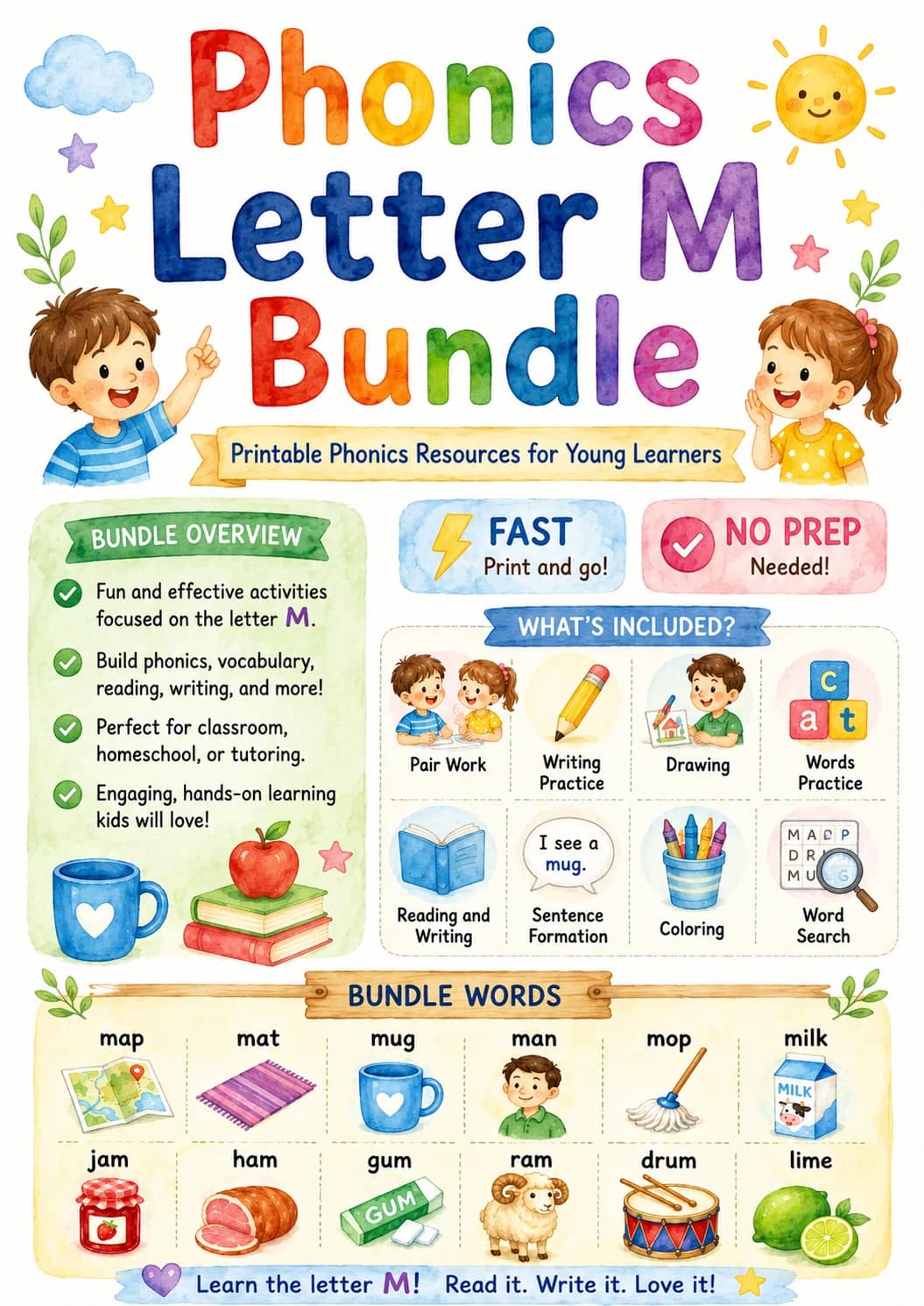 Letter M Phonics Worksheets Pack printable worksheet pack preview from KiwiBee