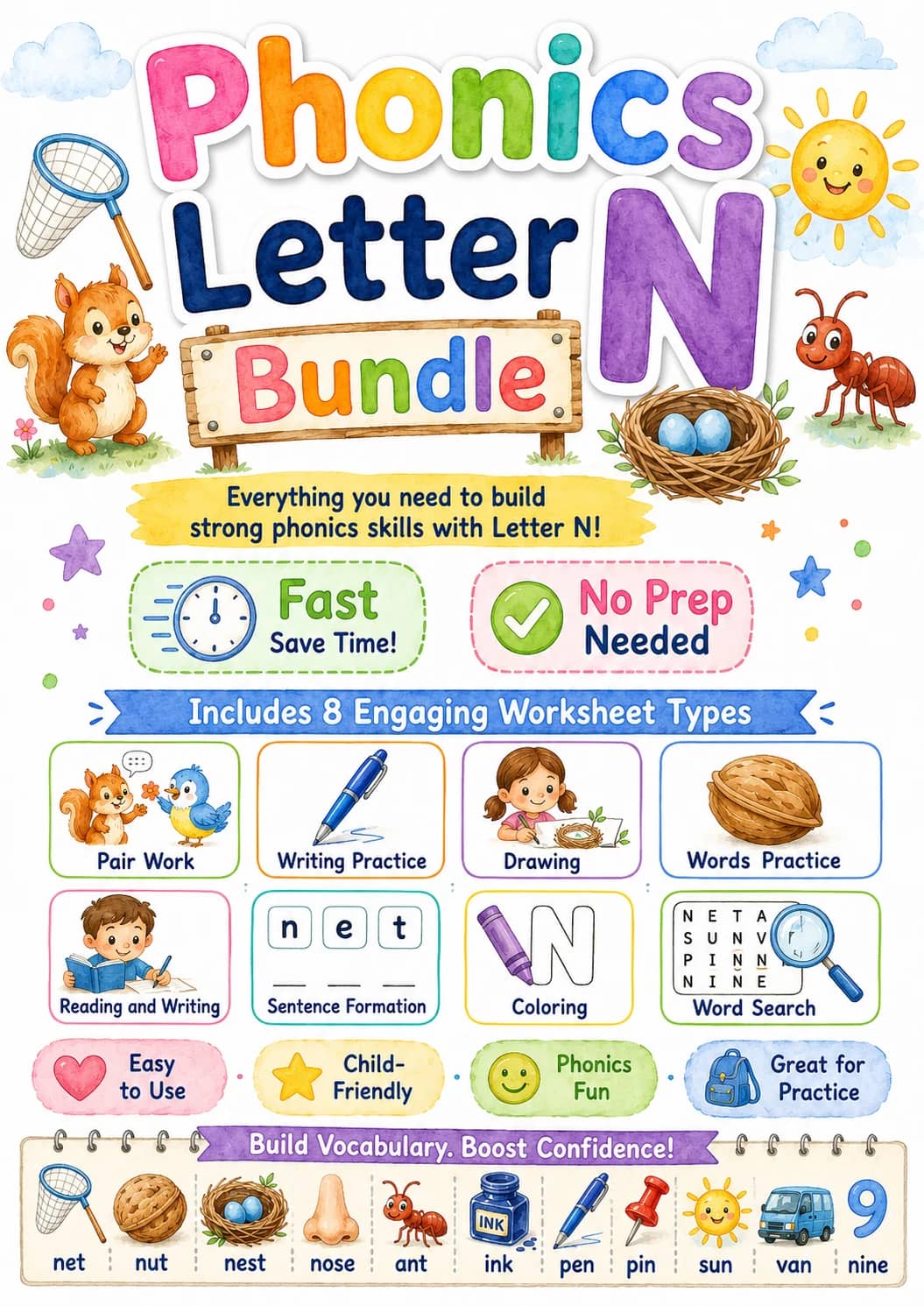 Letter N Phonics Worksheets Pack printable worksheet pack preview from KiwiBee