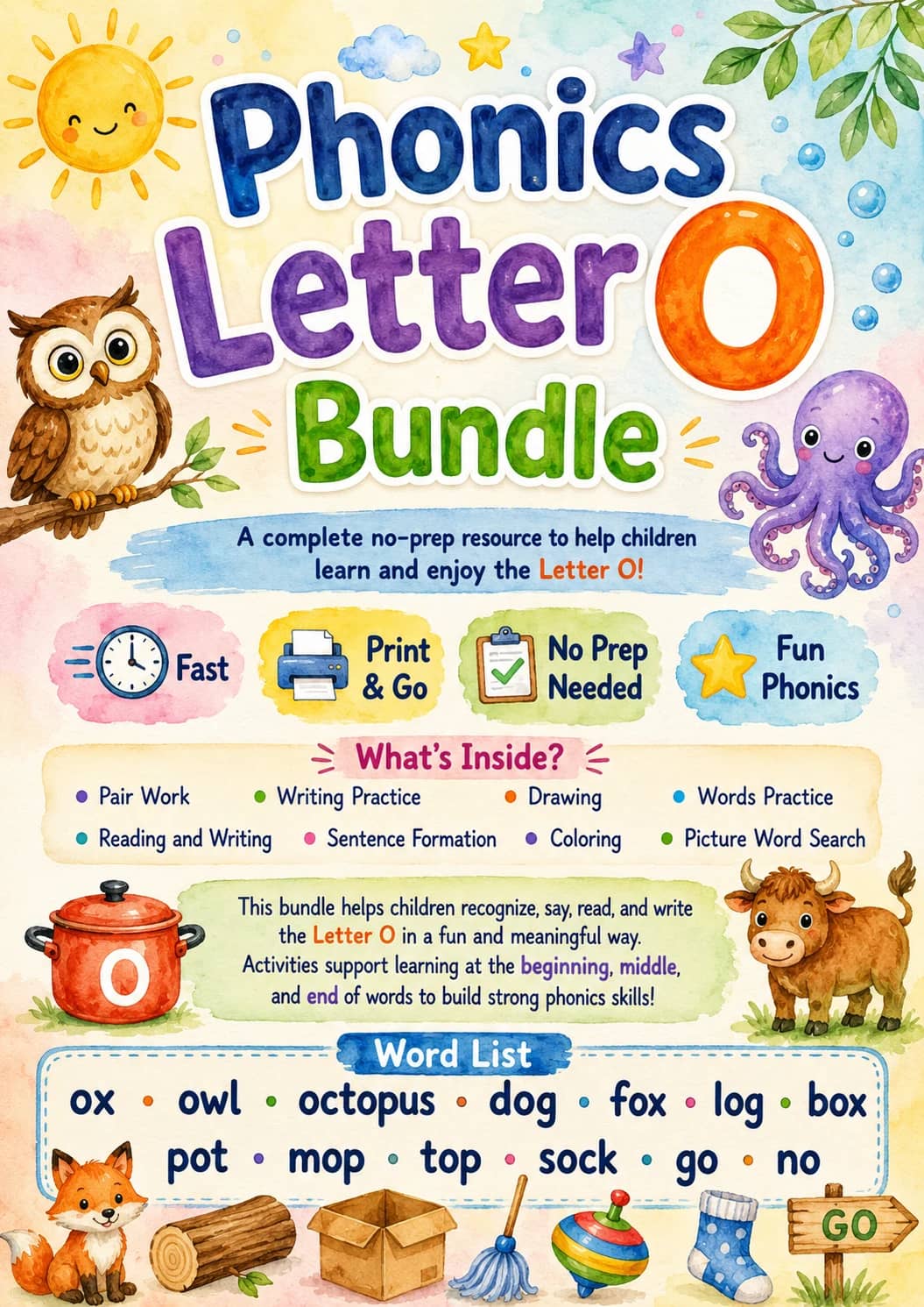 Letter O Phonics Worksheets Pack printable worksheet pack preview from KiwiBee