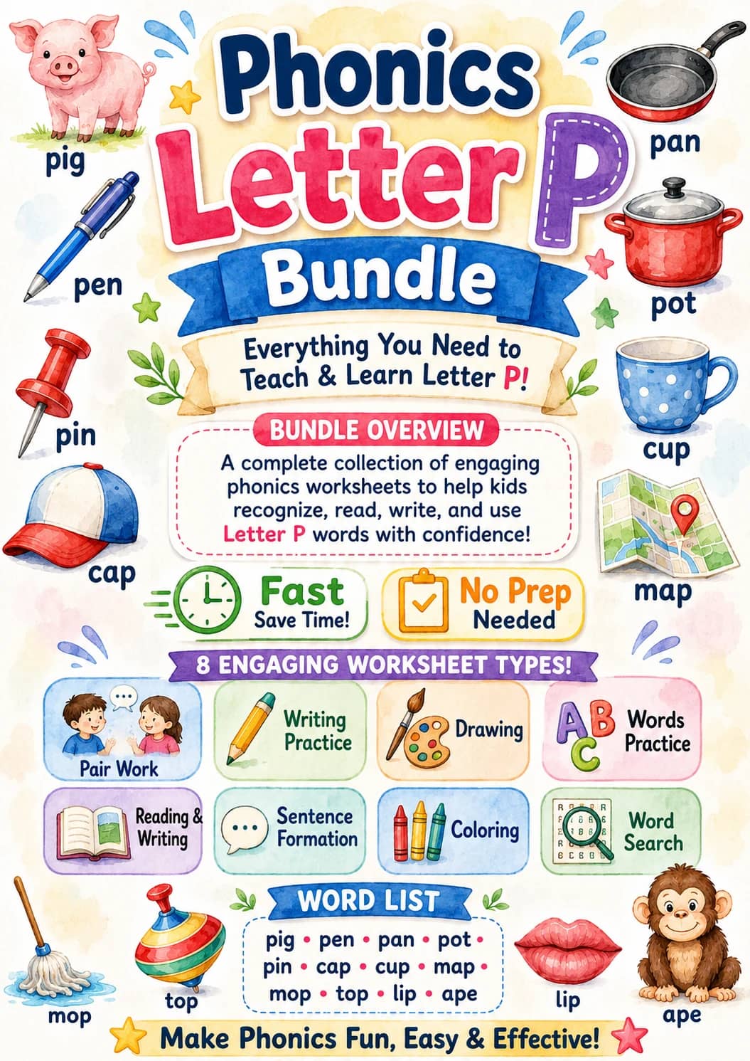 Letter P Phonics Worksheets Pack printable worksheet pack preview from KiwiBee