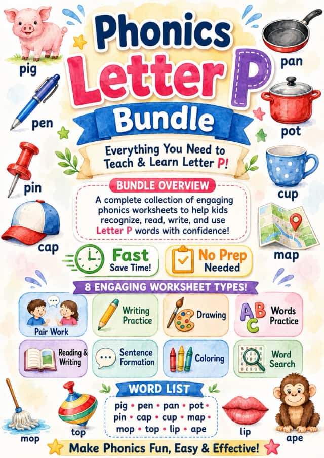 Letter P Phonics Worksheets Pack
