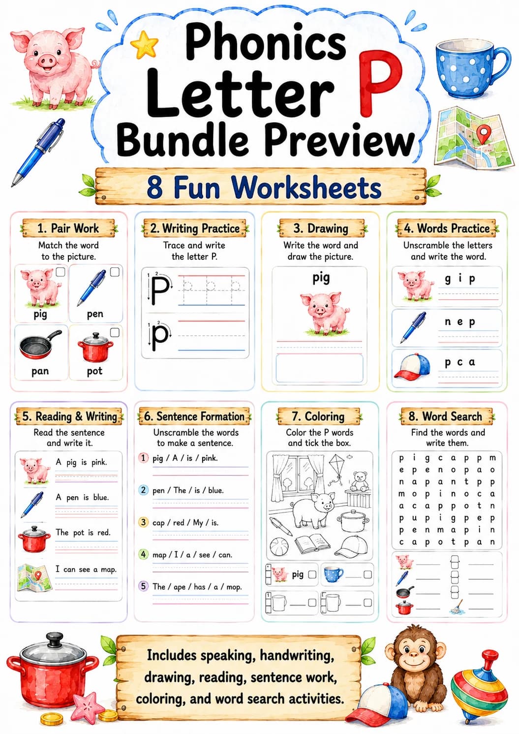 Letter P Phonics Worksheets Pack page 2 printable worksheet preview