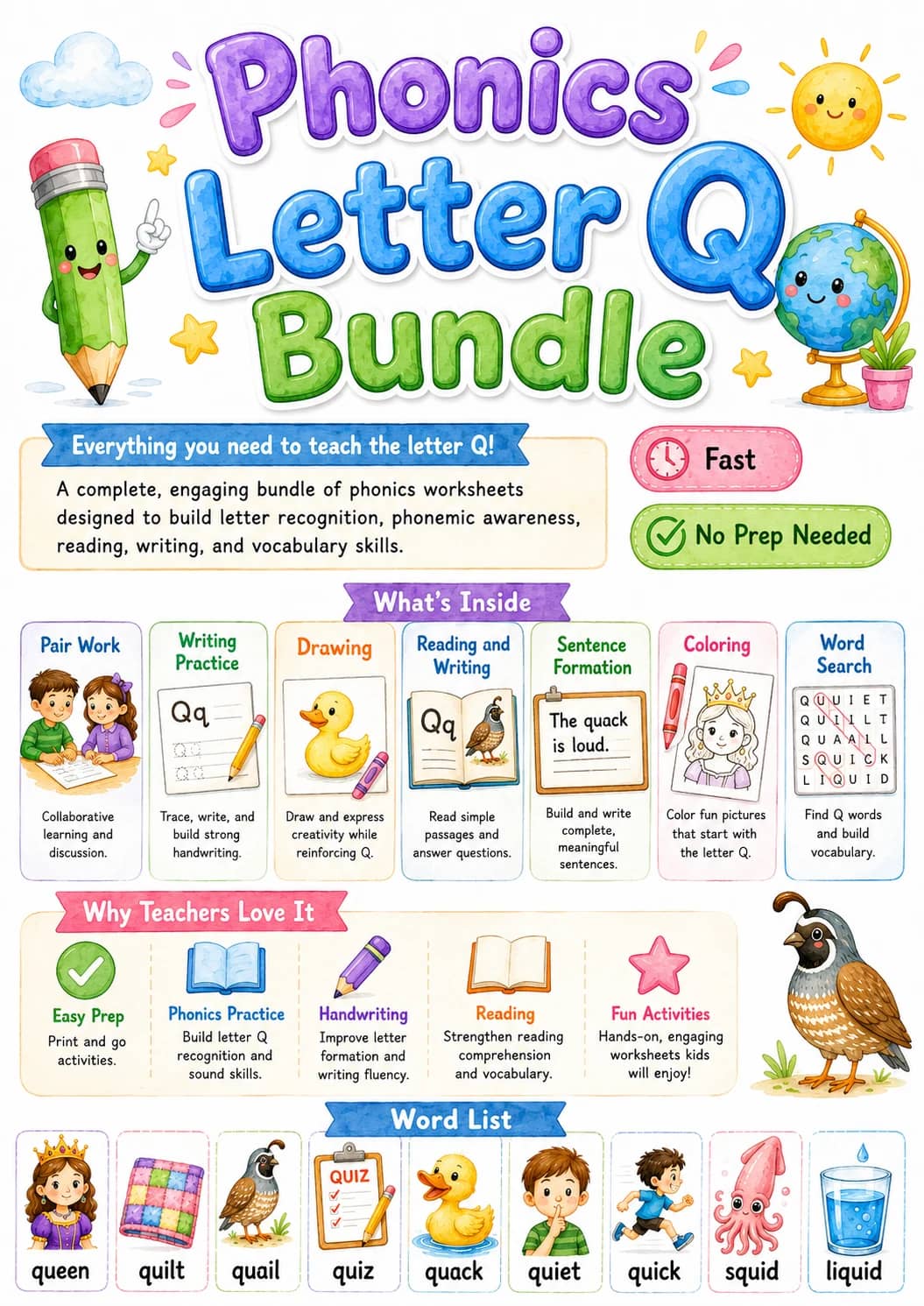 Letter Q Phonics Worksheets Pack printable worksheet pack preview from KiwiBee