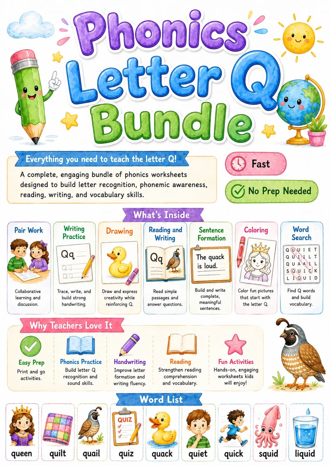 Letter Q Phonics Worksheets Pack printable worksheet pack preview from KiwiBee