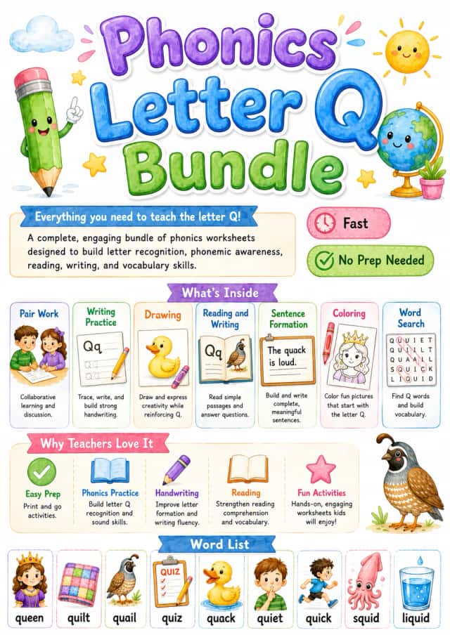 Letter Q Phonics Worksheets Pack