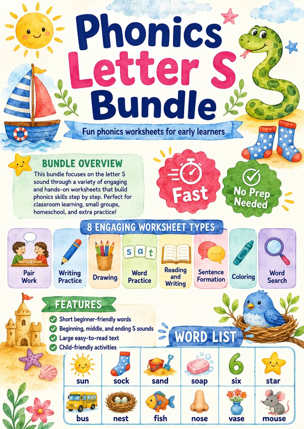 Letter S Phonics Worksheets Pack printable worksheet pack preview from KiwiBee