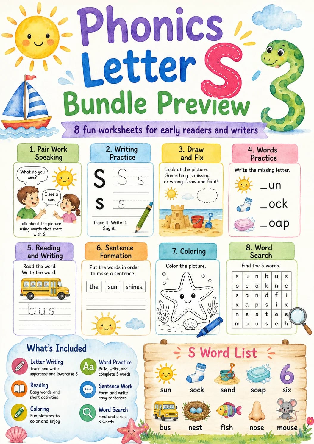 Letter S Phonics Worksheets Pack page 2 printable worksheet preview