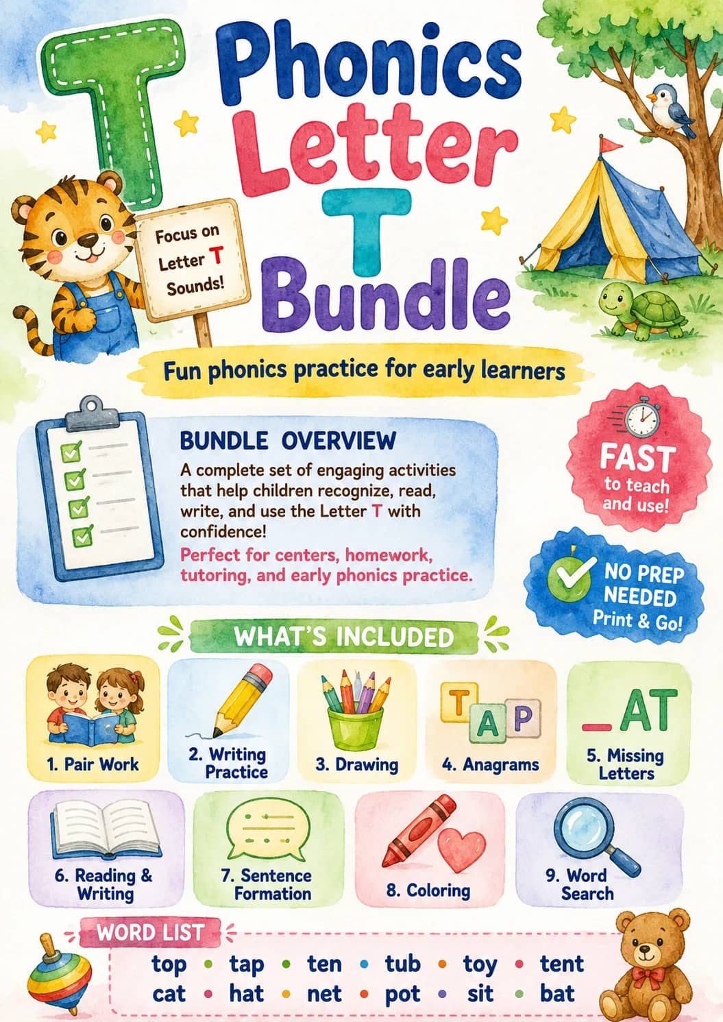 Letter T Phonics Worksheets Pack printable worksheet pack preview from KiwiBee