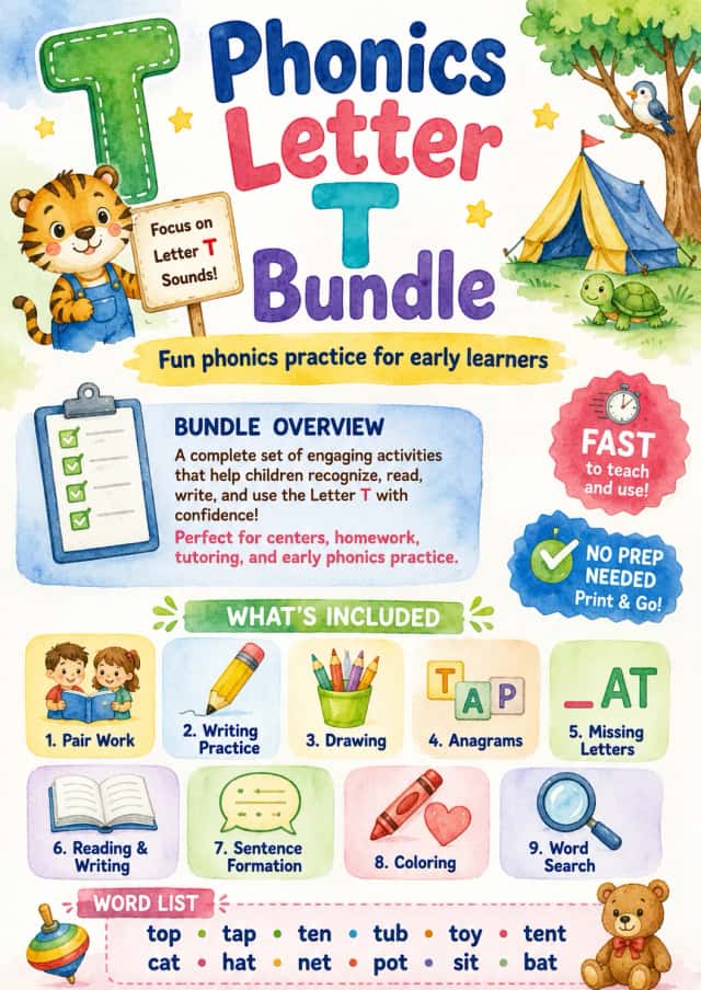 Letter T Phonics Worksheets Pack