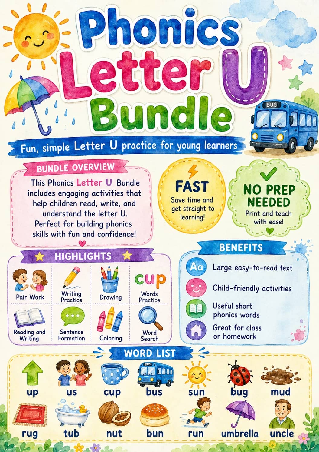 Letter U Phonics Worksheets Pack printable worksheet pack preview from KiwiBee