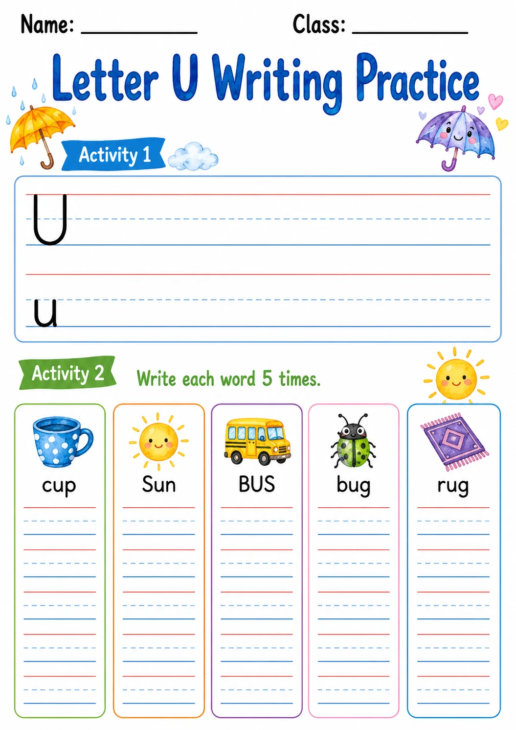 Letter U Phonics Worksheets Pack page 4 printable worksheet preview