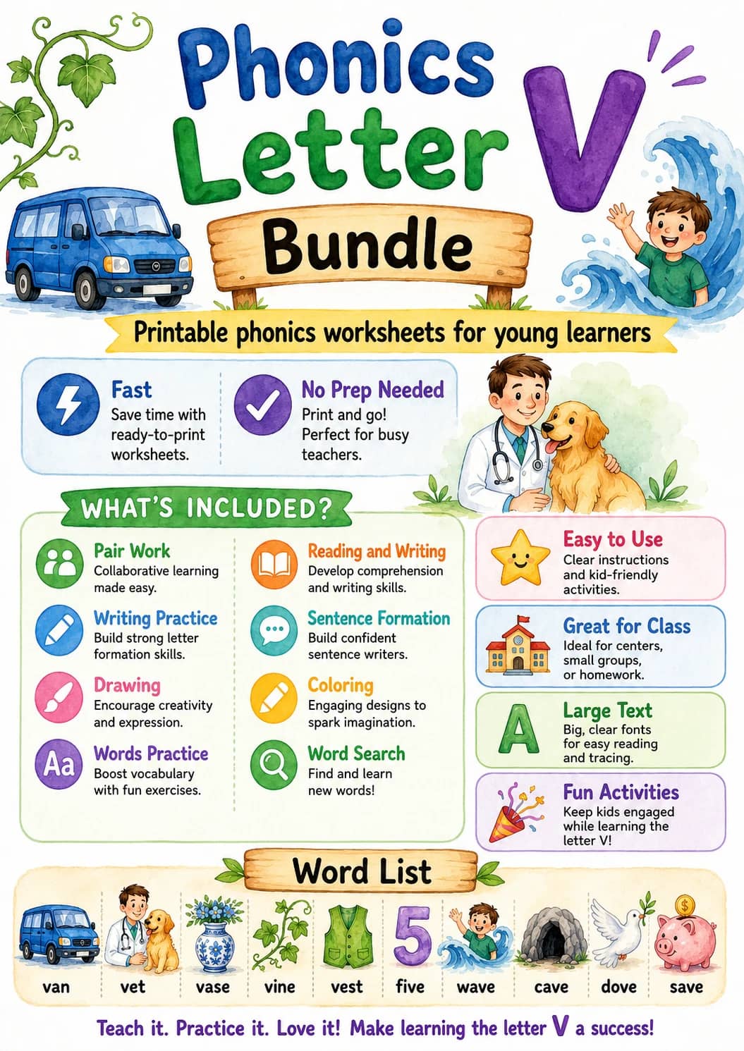 Letter V Phonics Worksheets Pack printable worksheet pack preview from KiwiBee
