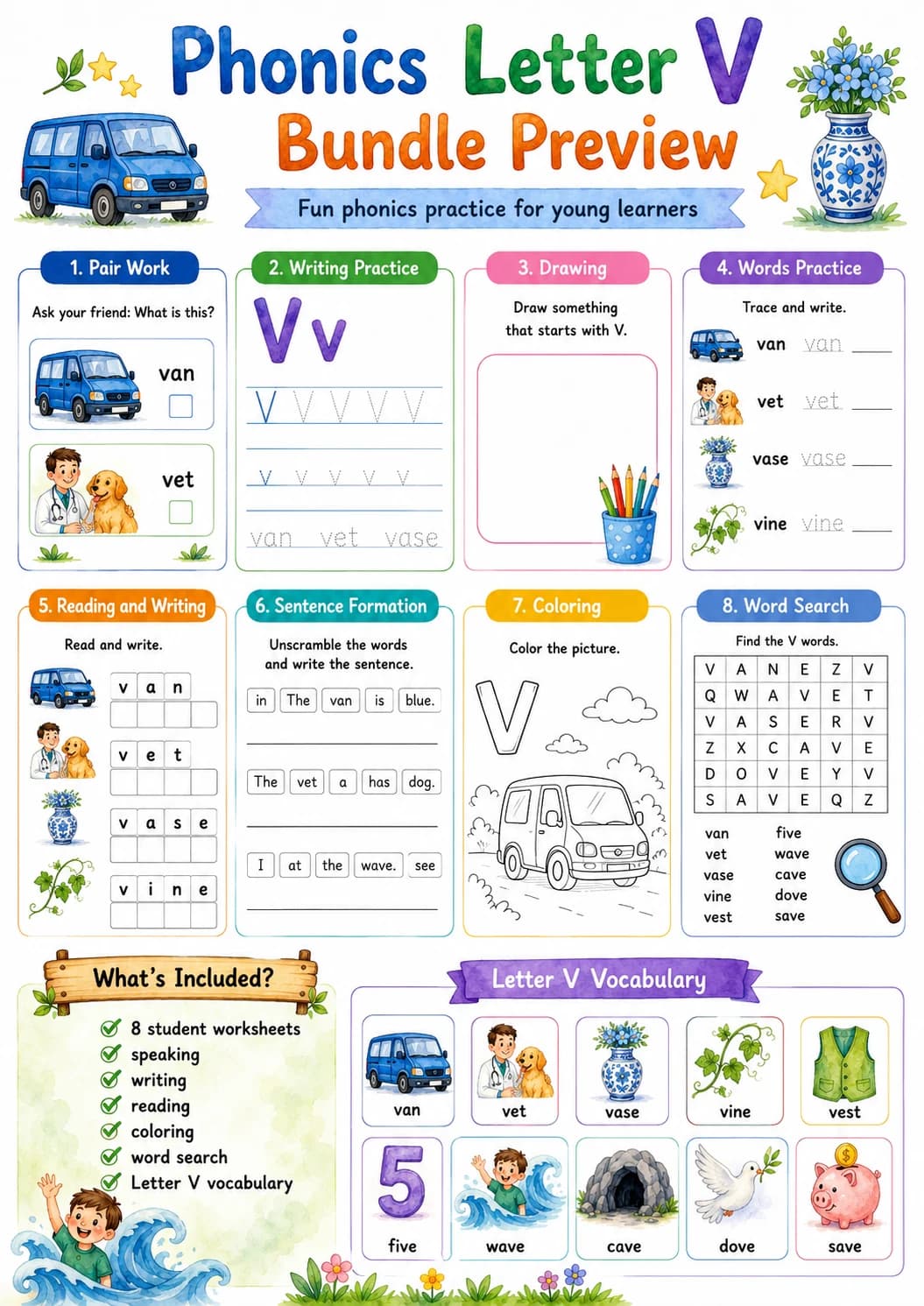 Letter V Phonics Worksheets Pack page 2 printable worksheet preview