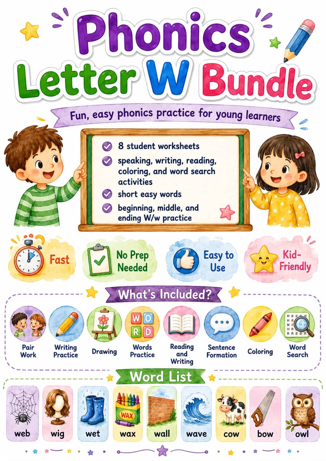 Letter W Phonics Worksheets Pack printable worksheet pack preview from KiwiBee